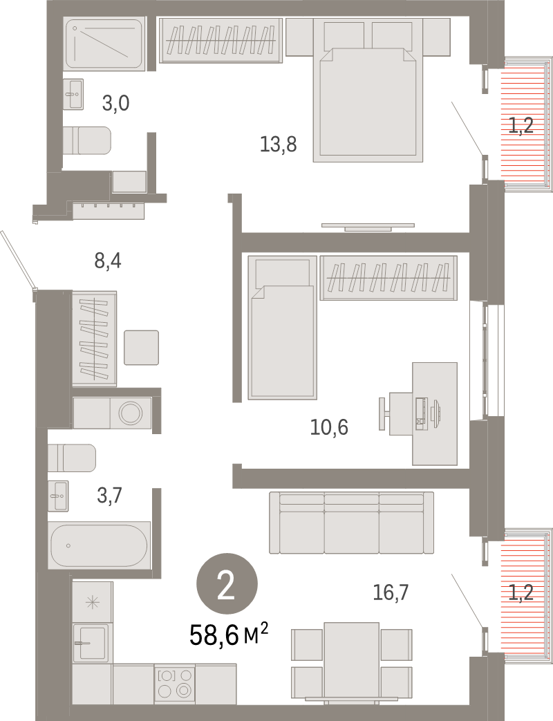 3 ккв (Евро) 58,6 м²