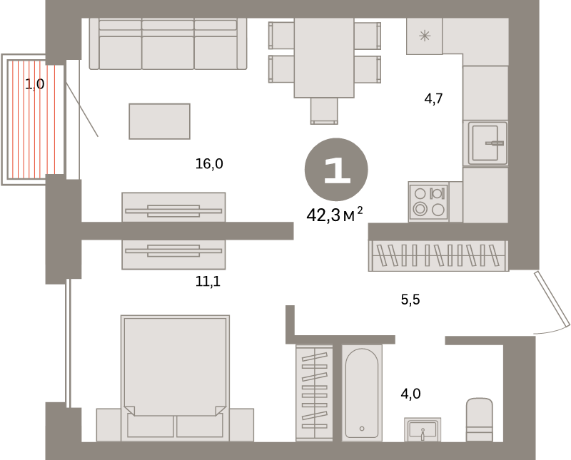 2 ккв (Евро) 42,3 м²