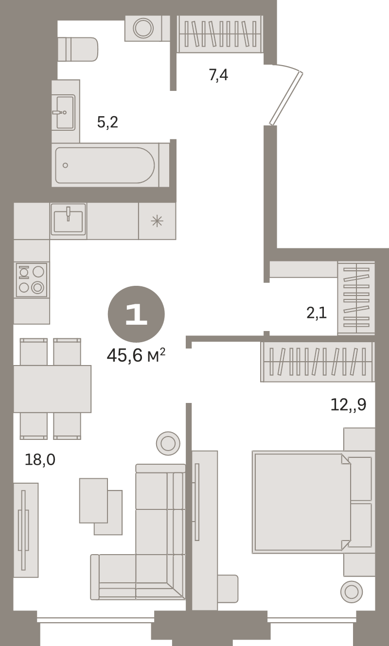 2 ккв (Евро) 45,6 м²