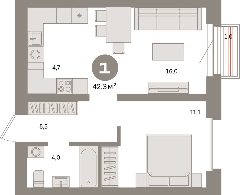 2 ккв (Евро) 42,3 м²