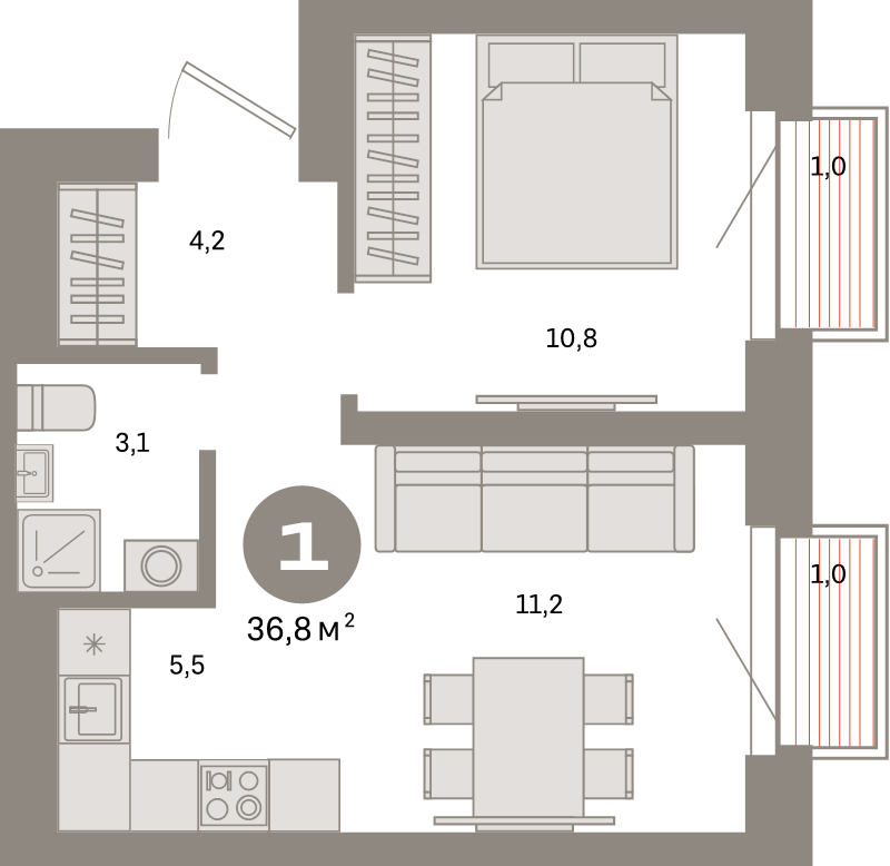 2 ккв (Евро) 36,8 м²