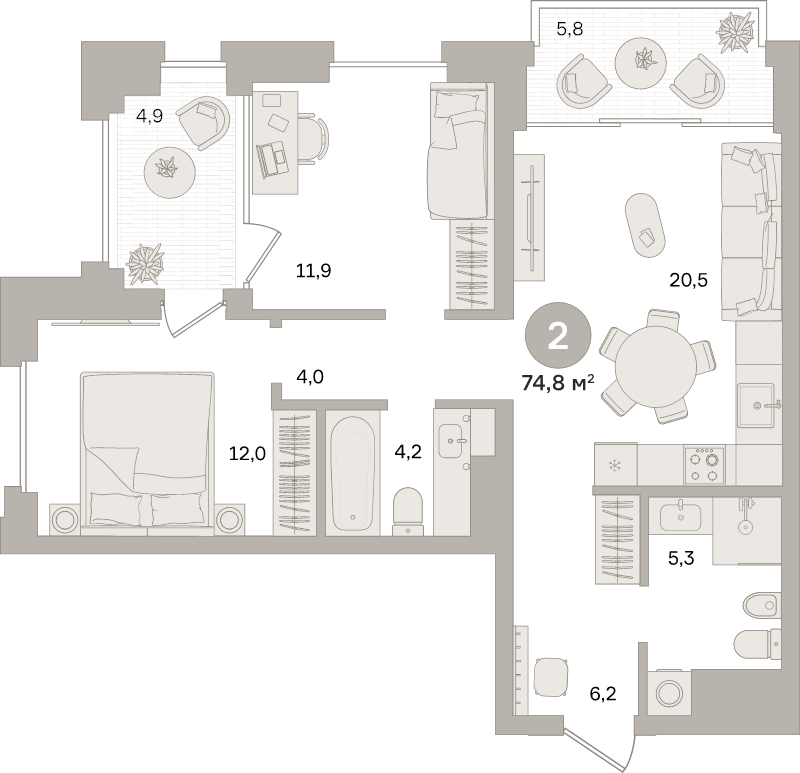 3 ккв (Евро) 74,8 м²
