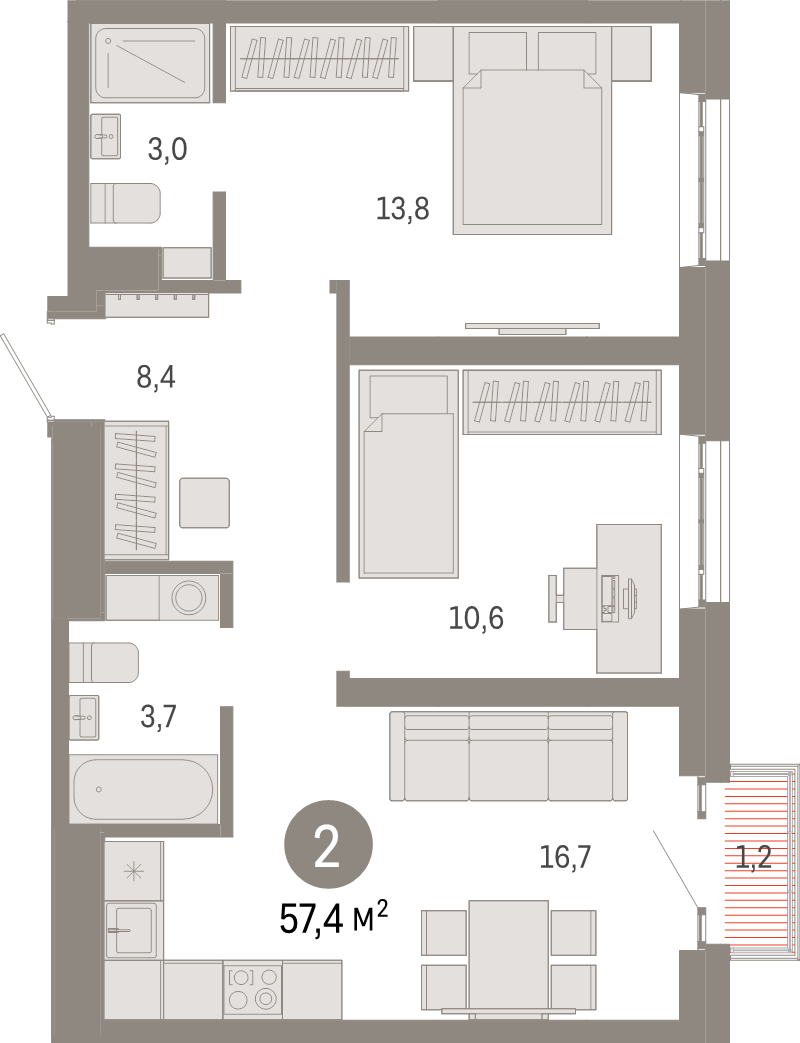 3 ккв (Евро) 57,4 м²