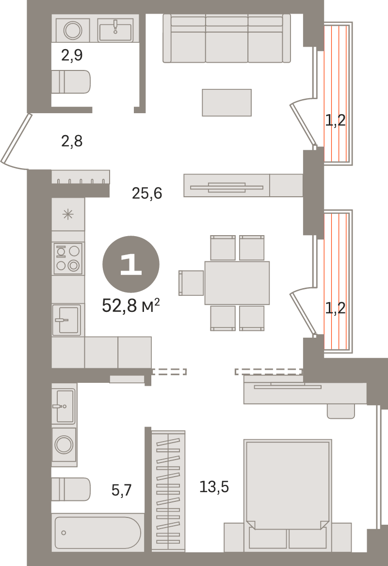 2 ккв (Евро) 52,8 м²
