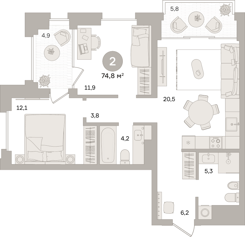 3 ккв (Евро) 74,8 м²