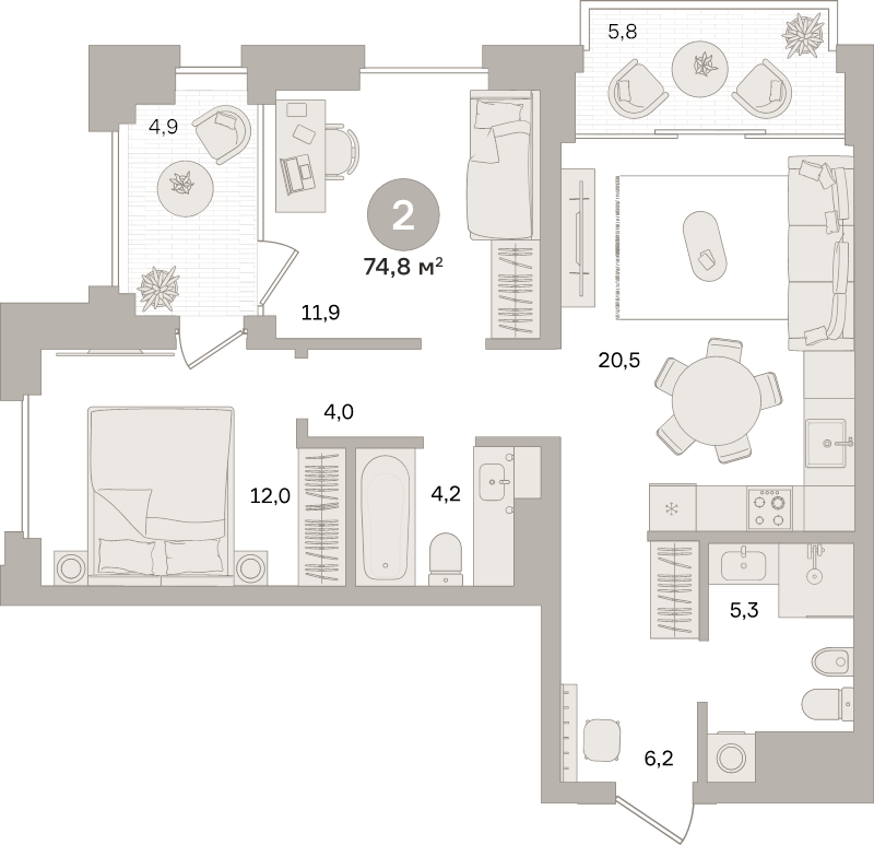 3 ккв (Евро) 74,8 м²