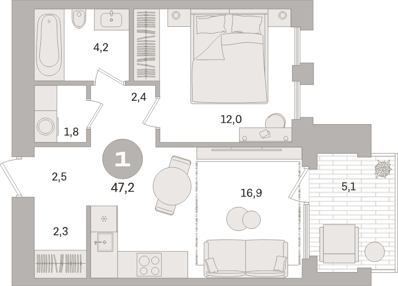 2 ккв (Евро) 47,2 м²