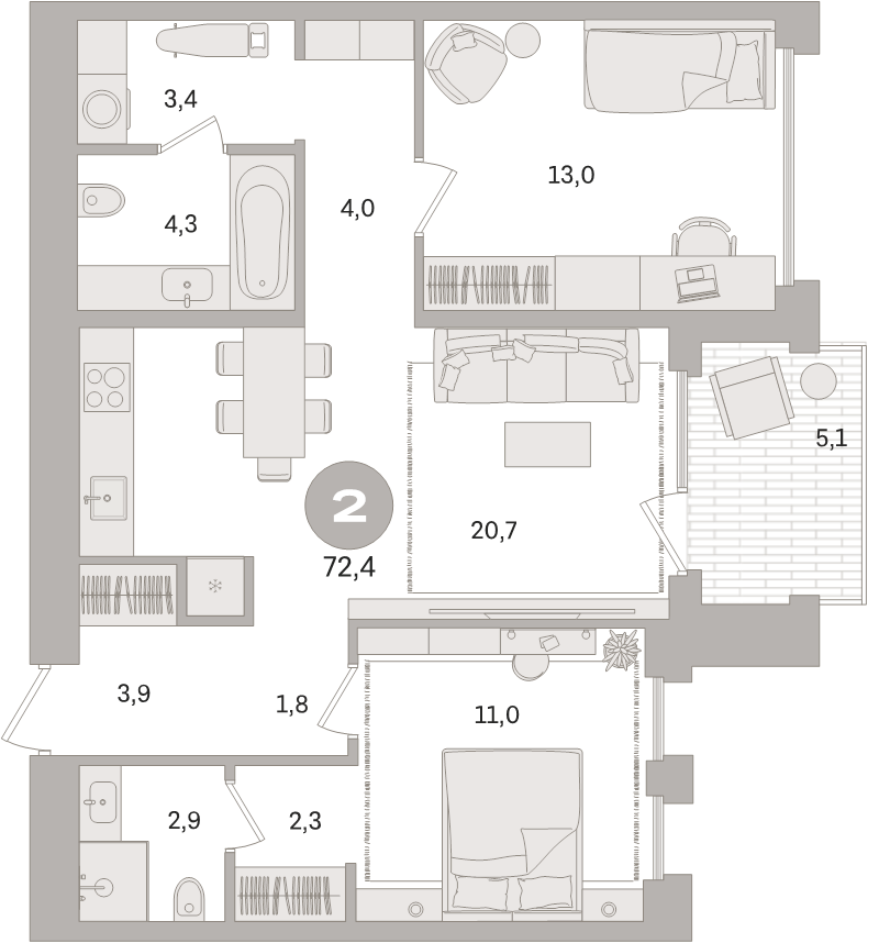 3 ккв (Евро) 72,4 м²
