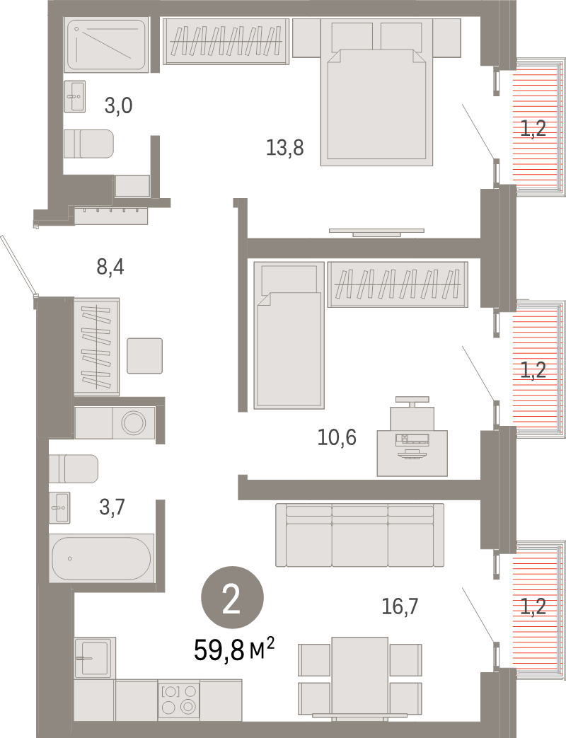 3 ккв (Евро) 59,8 м²