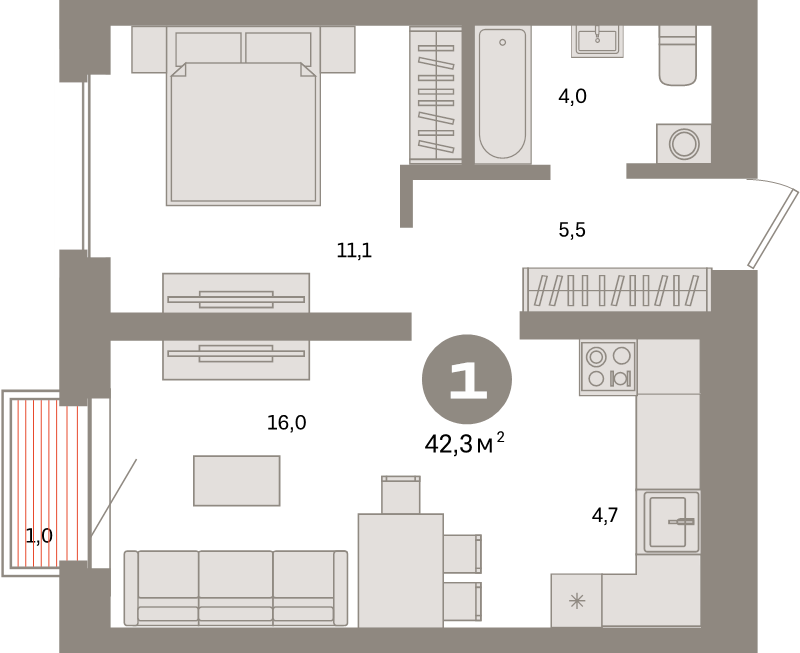2 ккв (Евро) 42,3 м²