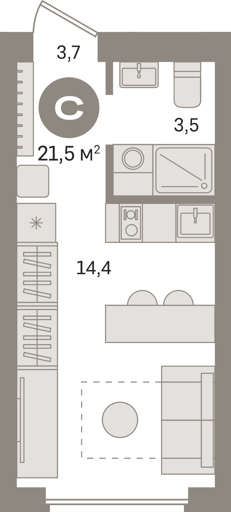 Студия 21,5 м²