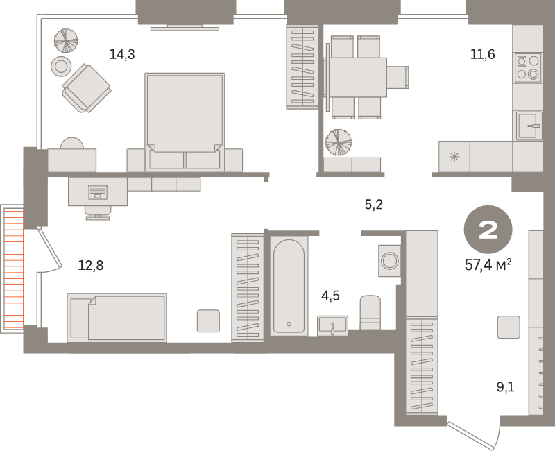 2 ккв 57,4 м²