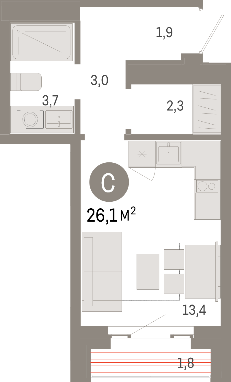 Студия 26,1 м²
