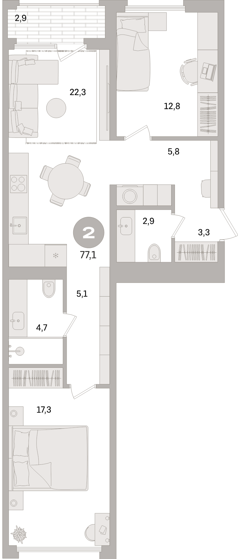 3 ккв (Евро) 77,1 м²