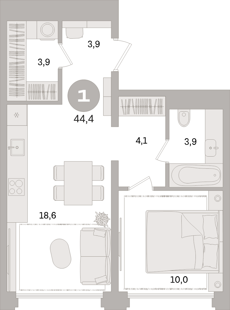 2 ккв (Евро) 44,4 м²