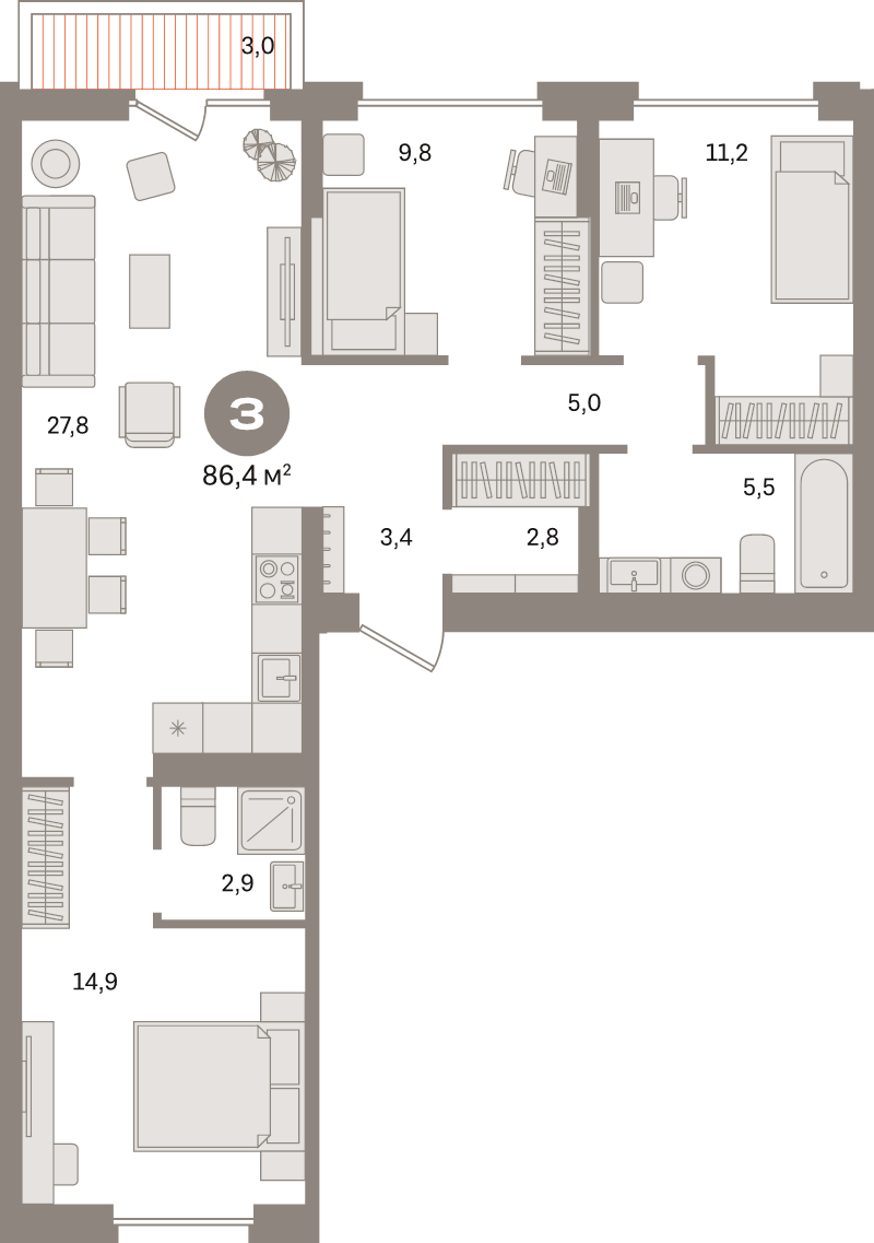 4 ккв (Евро) 86,4 м²