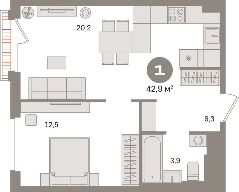 2 ккв (Евро) 42,9 м²