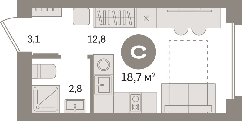 Студия 18,7 м²