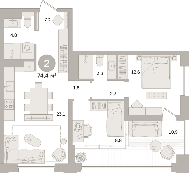 3 ккв (Евро) 74,4 м²