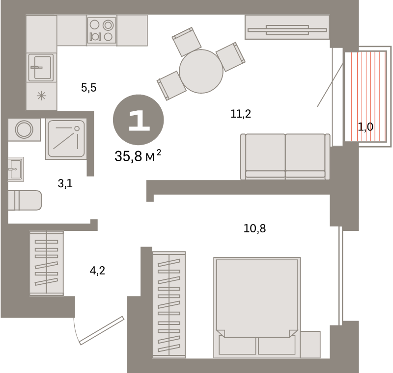 2 ккв (Евро) 35,8 м²