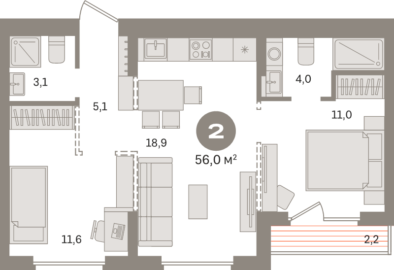 3 ккв (Евро) 56 м²