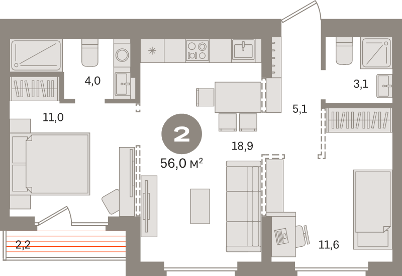 3 ккв (Евро) 56 м²