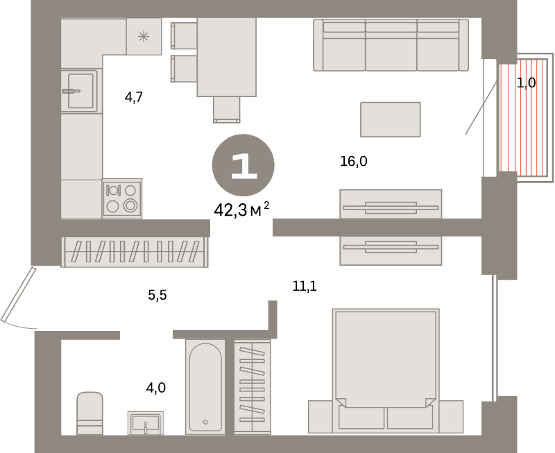 2 ккв (Евро) 42,3 м²