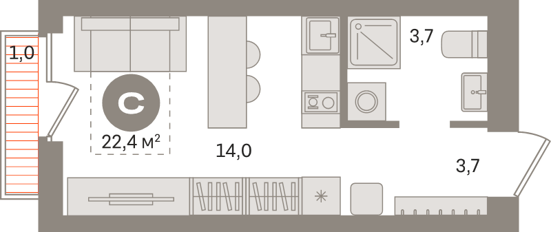 Студия 22,4 м²