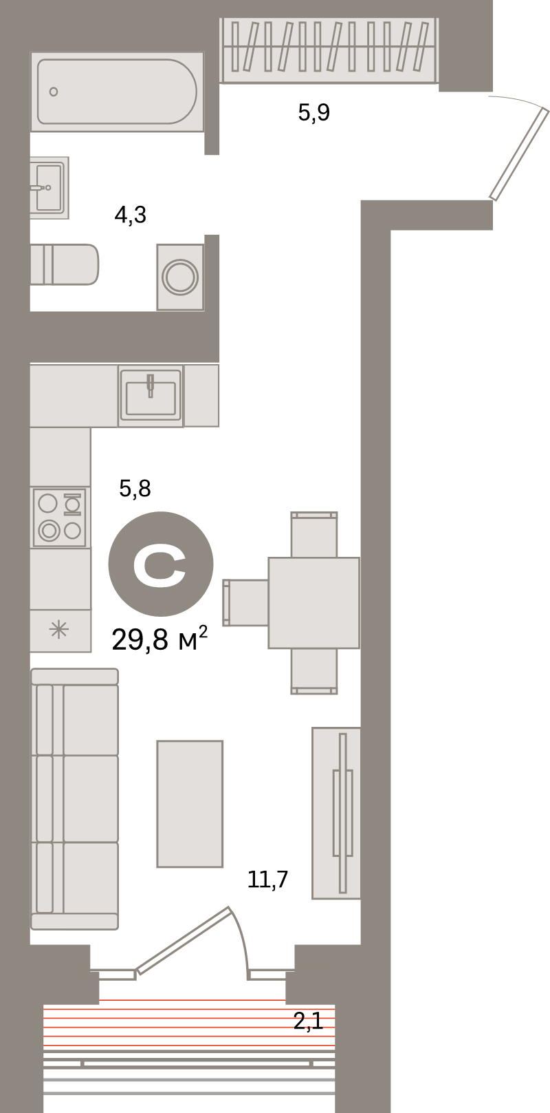 Студия 29,8 м²