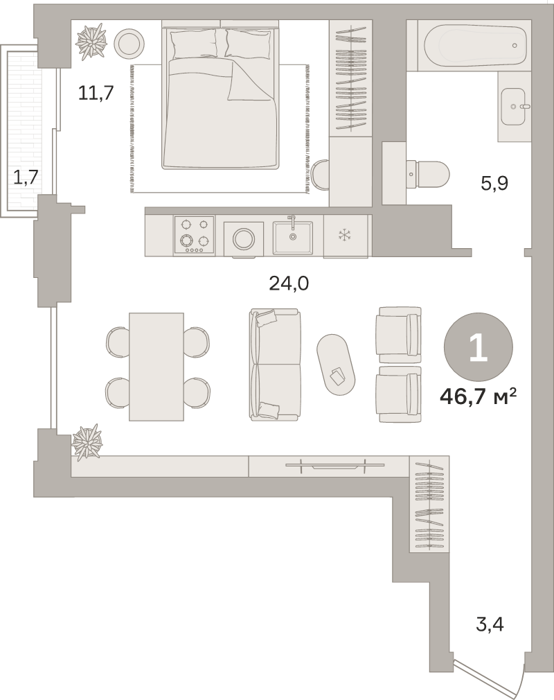 2 ккв (Евро) 46,7 м²
