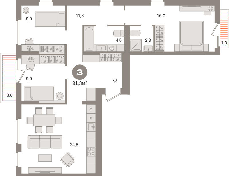 4 ккв (Евро) 91,3 м²
