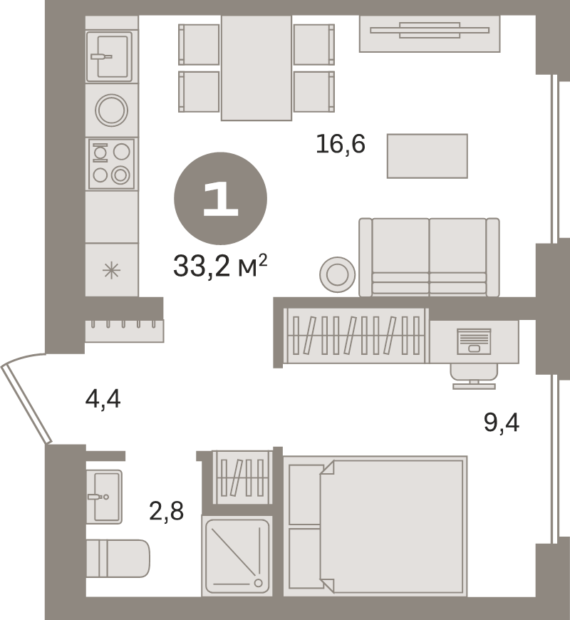 2 ккв (Евро) 33,2 м²