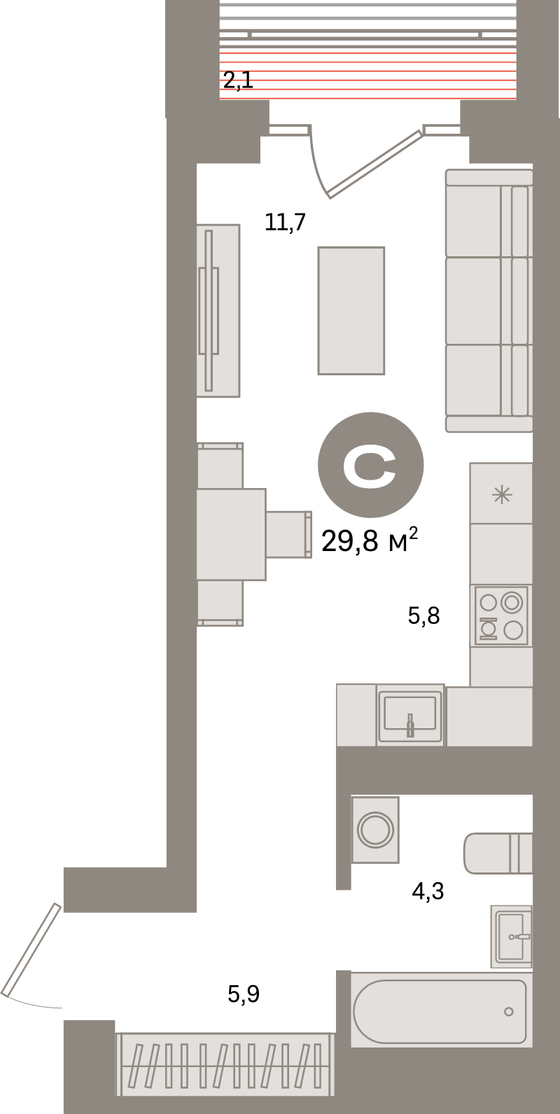 Студия 29,8 м²