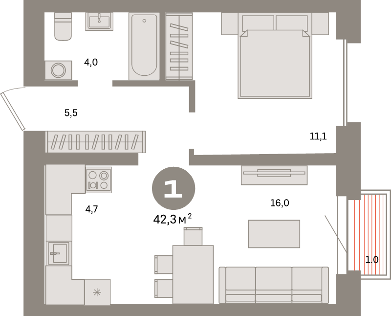 2 ккв (Евро) 42,3 м²
