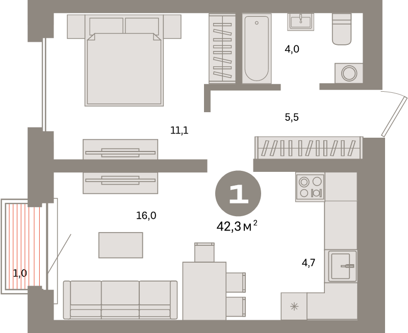 2 ккв (Евро) 42,3 м²
