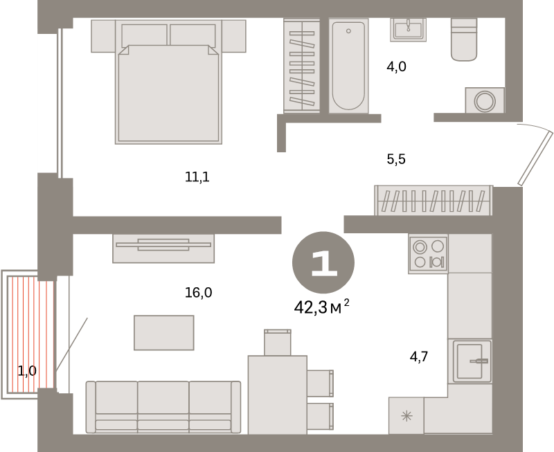 2 ккв (Евро) 42,3 м²
