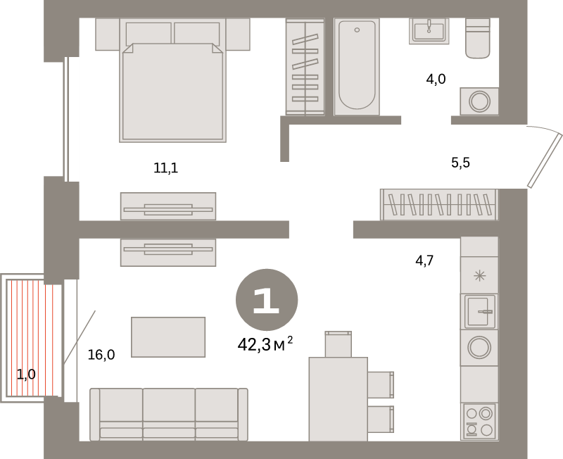 2 ккв (Евро) 42,3 м²