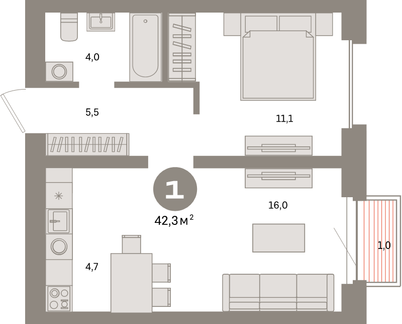 2 ккв (Евро) 42,3 м²