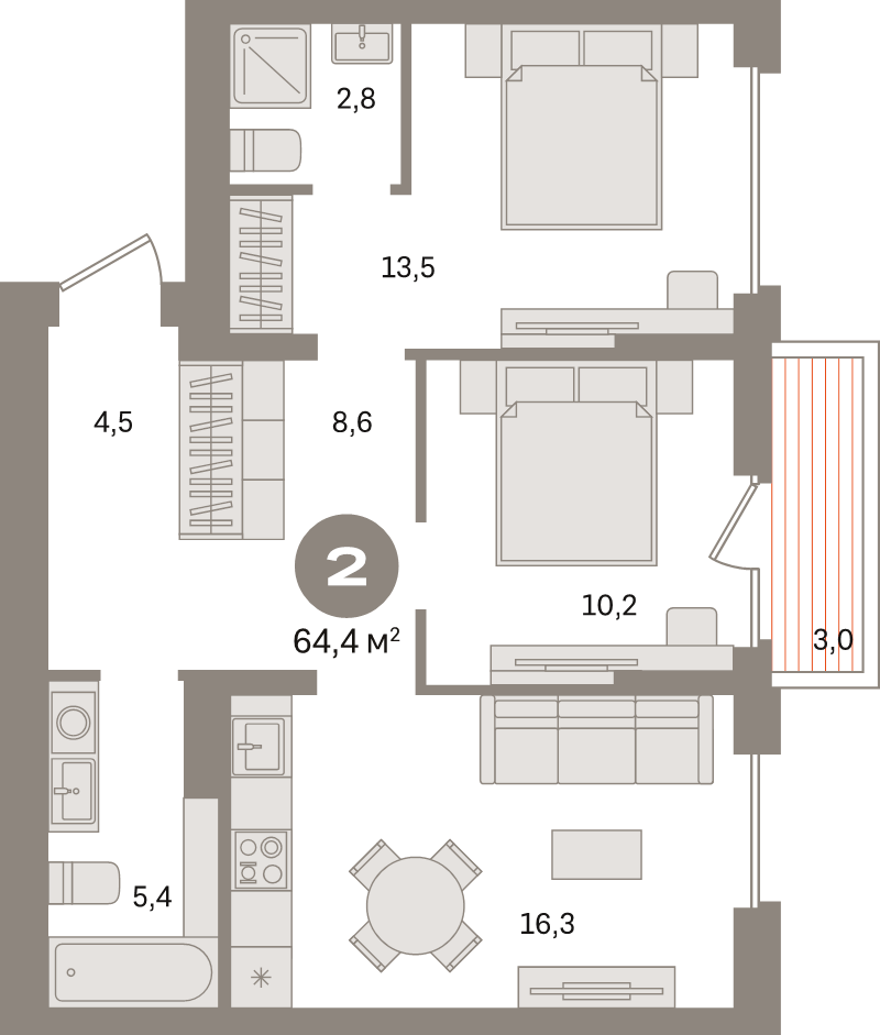 3 ккв (Евро) 64,4 м²