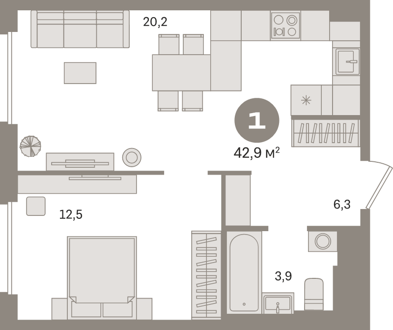 2 ккв (Евро) 42,9 м²