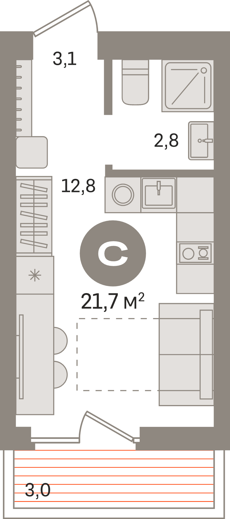 Студия 21,7 м²