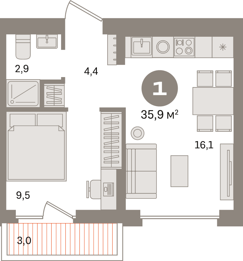 2 ккв (Евро) 35,9 м²