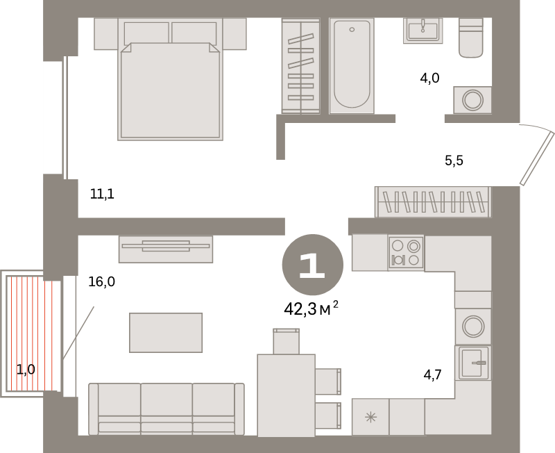 2 ккв (Евро) 42,3 м²