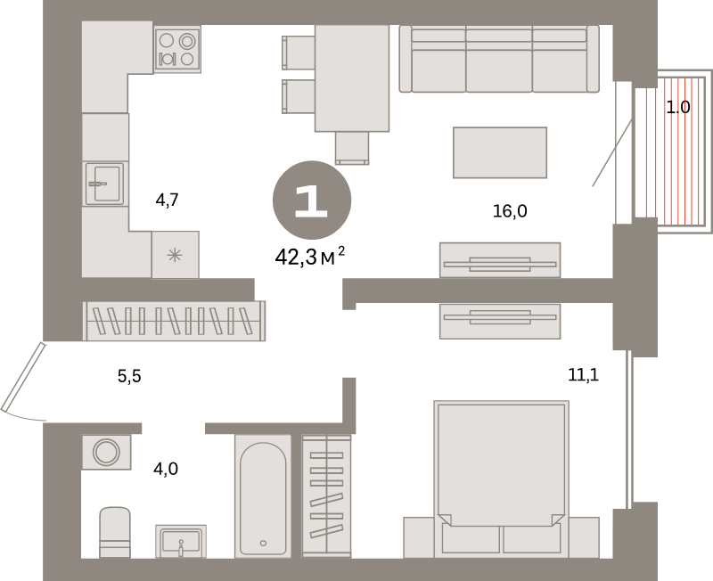 2 ккв (Евро) 42,3 м²