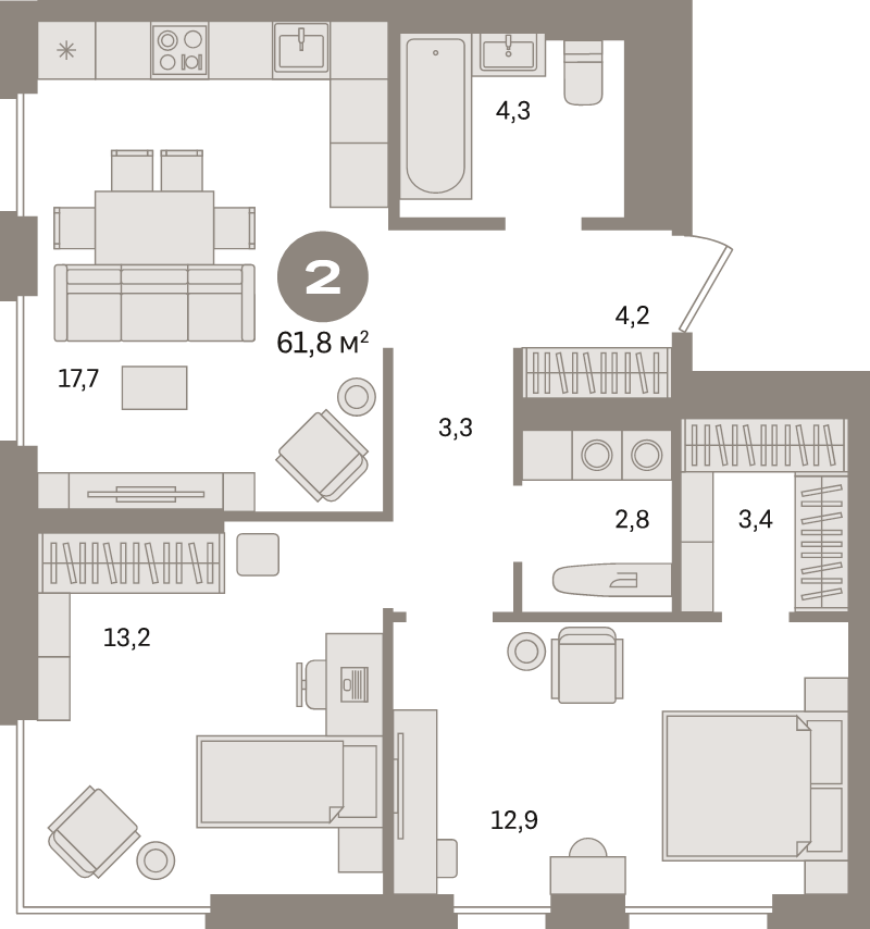 3 ккв (Евро) 61,8 м²