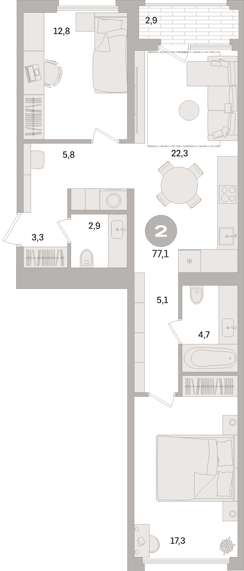 3 ккв (Евро) 77,1 м²