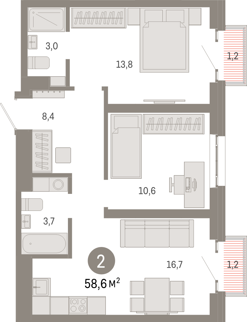 3 ккв (Евро) 58,6 м²