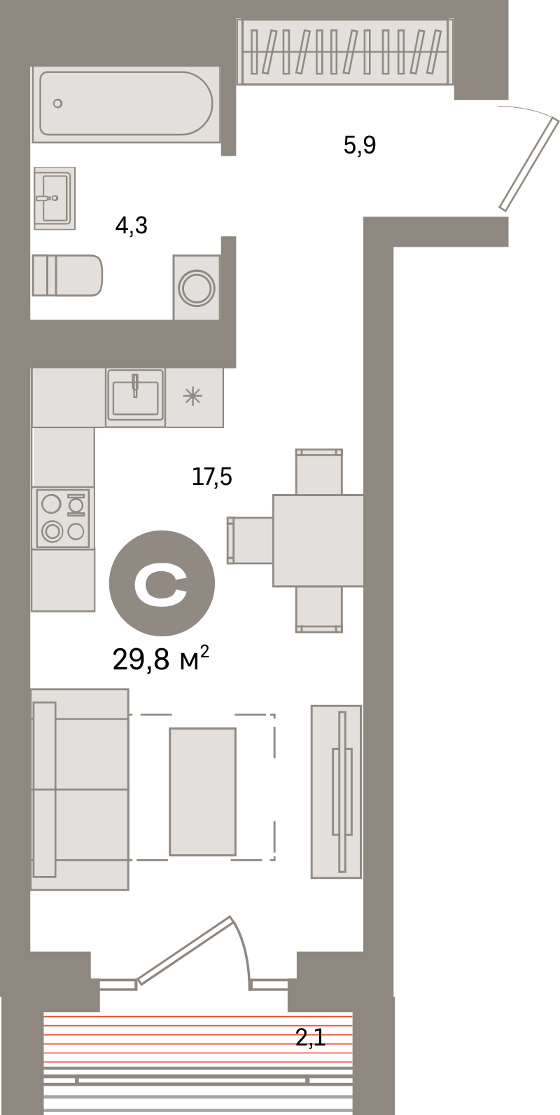Студия 29,8 м²