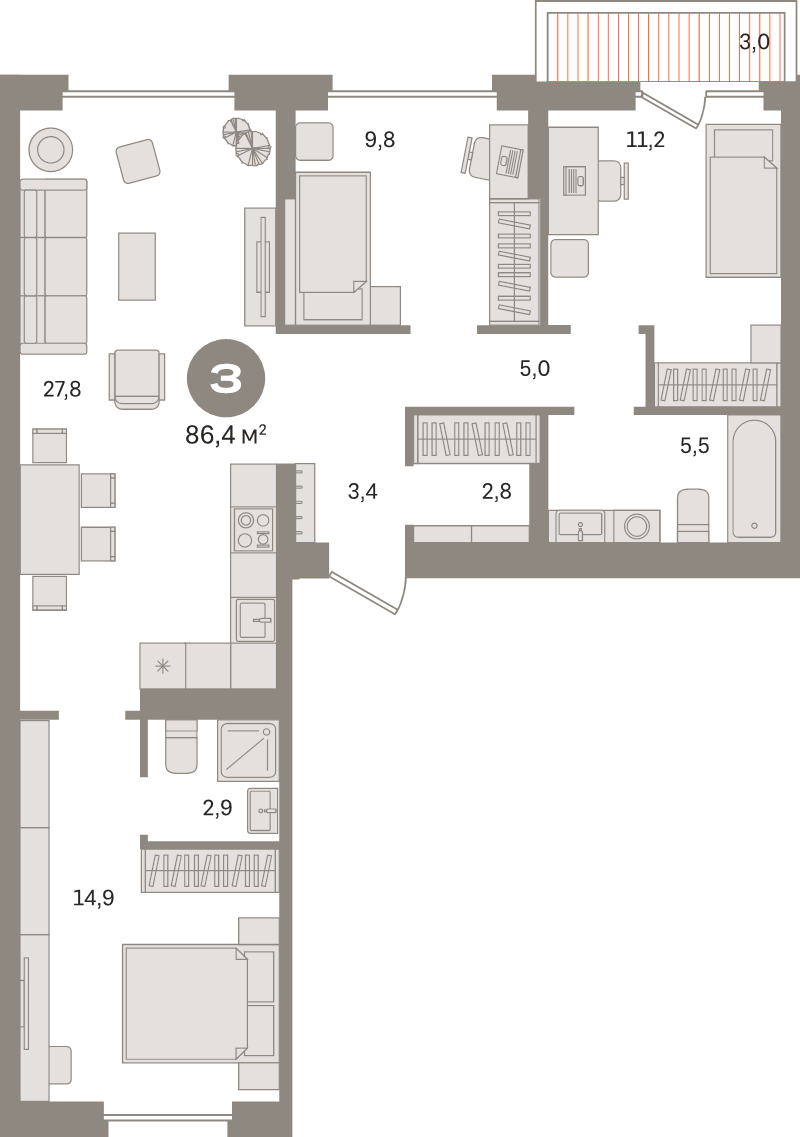 4 ккв (Евро) 86,4 м²