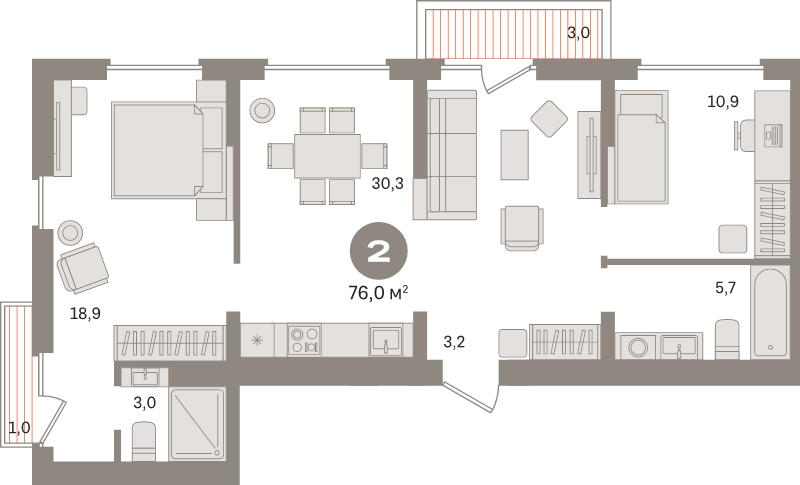 3 ккв (Евро) 76 м²